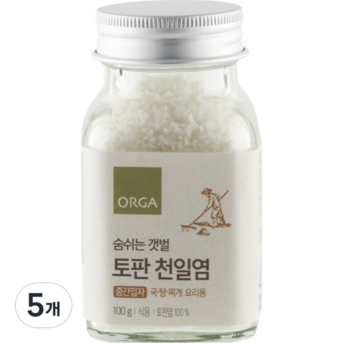ORGA 숨쉬는 갯벌 토판 천일염 중간입자, 100g, 5개