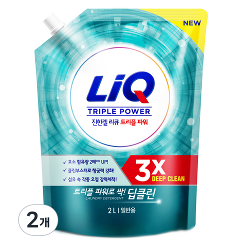 리큐 진한겔 딥클린 트리플파워 일반용 액상세제 리필, 2L, 2개