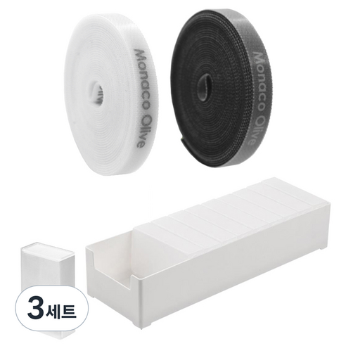 모나코올리브 슬라이딩포켓 케이블 선 정리함 10p + 전용 트레이 대형+ 벨크로타이 2종 세트, 반투명(정리함), 화이트(트레이), 화이트, 블랙(타이), 3세트