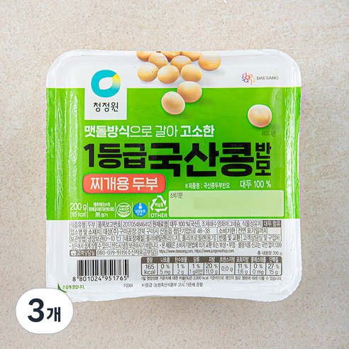 청정원 국산 1등급 찌개용 콩두부 반모, 200g, 3개