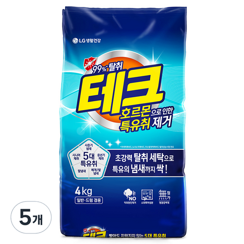 테크 호르몬으로 인한 특유취 제거 분말세제 리필, 5개, 4kg