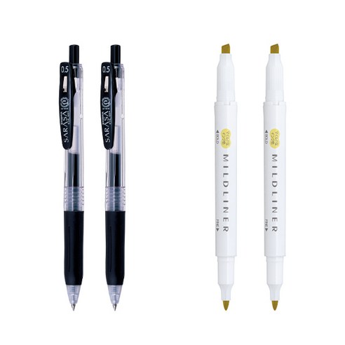 제브라 마일드라이너 마카 2p + 사라사 클립 볼펜 0.5mm 2p 세트, 골드(마일드라이너), 검정(볼펜), 1세트