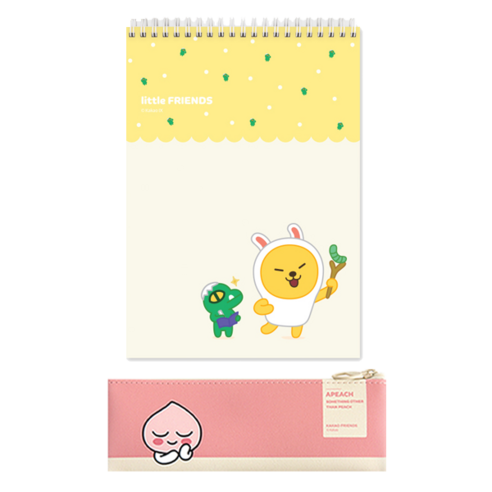카카오프렌즈 모던스타일미니 플랫 펜슬케이스 + 상철 스프링 노트, 핑크(펜슬케이스), 리틀무지(노트), 1세트