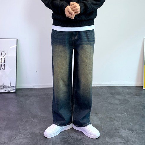 남성용 데일리 세미 와이드 샌드워싱 데님 팬츠 TC9403