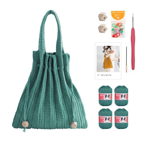 yarna 올리오 단색 플리츠백 DIY 패키지 S, 726 민트(뜨개실), 베이지(우드볼), 랜덤발송(단수링), 1세트