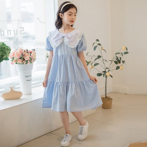 오렌지다몸 여아용 빅리본 카라 퍼프 반팔 원피스