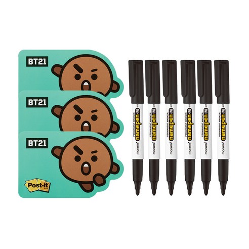 쓰리엠 포스트잇 점착용 모양 노트 654-BT21 3p + 네임펜 F 6p 세트, 슈키(노트), 블랙(네임펜), 1세트