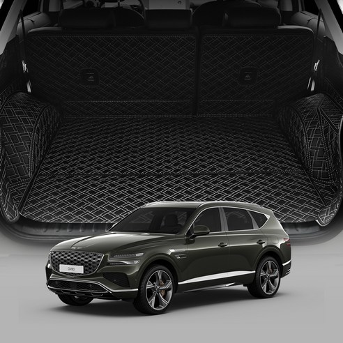 디테일링 우븐블럭 프리미엄 풀커버 트렁크매트 + 킥매트 + 가죽보호제 세트, 블랙 + 그레이, GV80 페이스리프트 (JX1 F/L) 5인승