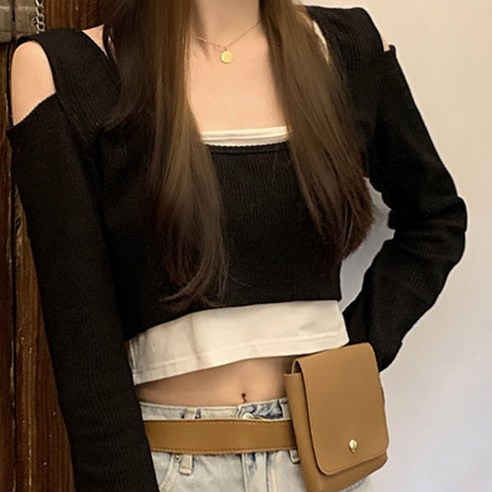 구디프 여성용 어깨트임 U넥 나시레이어드 스타일 크롭 티셔츠 여성크롭티