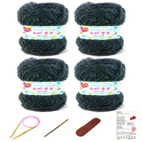 행복뜨기 슈퍼봉봉 뜨개실 4p + 줄바늘 4.5mm + 돗바늘 + 라벨 + 4종 목도리도안 세트, 1세트, 진회색