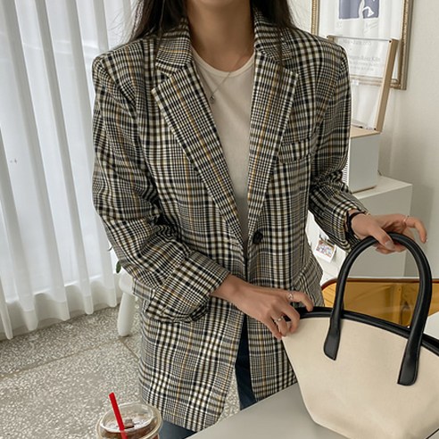 여성용 박시핏 체크 패턴 자켓
