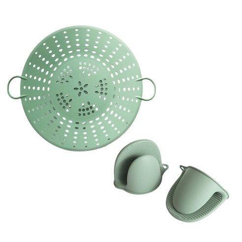 제이테이블 실리콘 찜기 1단 + 악어 주방장갑 2p 세트 그린, 1세트