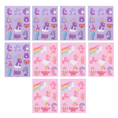 케어베어 리무버 스티커 2종 x 5p, 크림 퍼플, 레인보우 핑크, 1세트