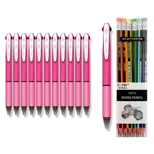 동아 Q3 펜 0.4mm 12p + 투코비 코마 삼각 지우개 연필 SG-208 12p 세트, 분홍, 1세트