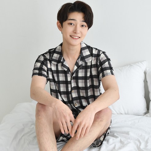 남성용 카라형 여름 반팔 파자마 상하의 세트