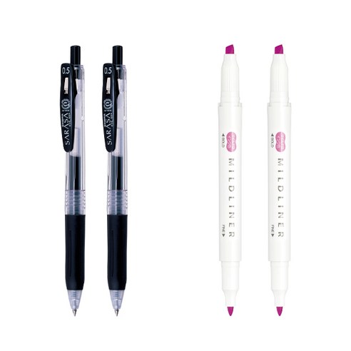 제브라 마일드라이너 마카 2p + 사라사 클립 볼펜 0.5mm 2p 세트, 푸크시아(마일드라이너), 검정(볼펜), 1세트