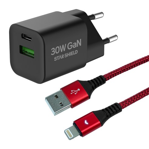 스타쉴드 30W GaN USB PD PPS 멀티 고속충전기 + 라이트 아이폰8핀 고속충전케이블 1.2m 세트, 1세트, 블랙(충전기), 레드(케이블)