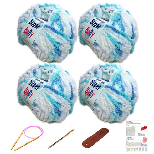 행복뜨기 슈퍼베이비 뜨개실 4p + 바늘 6mm + 돗바늘 + 가죽 라벨 + 목도리 도안 세트, 1세트, 하늘파랑