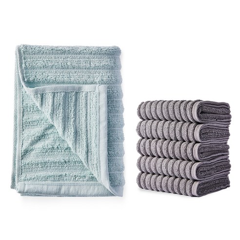 소프트터치 데일리 퓨어 세면타월 115g 30수 면사 5p + 퓨어 바스타올, 세면타올(그레이), 바스타올(민트), 1세트