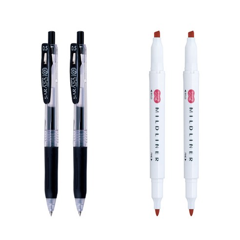 제브라 마일드라이너 마카 2p + 사라사 클립 볼펜 0.5mm 2p 세트, 레드(마일드라이너), 검정(볼펜), 1세트