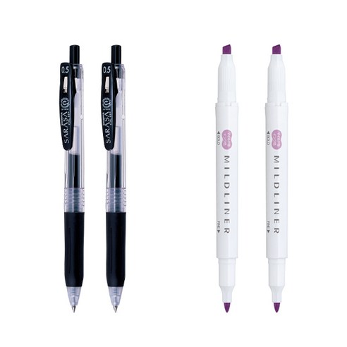 제브라 마일드라이너 마카 2p + 사라사 클립 볼펜 0.5mm 2p 세트, 마젠타(마일드라이너), 검정(볼펜), 1세트