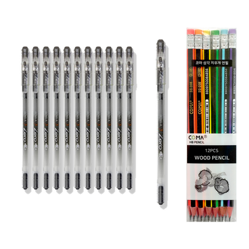 동아 3ZERO 펜 0.38mm 12p + 투코비 코마 삼각 지우개 연필 SG-208 12p 세트, 흑색, 1세트