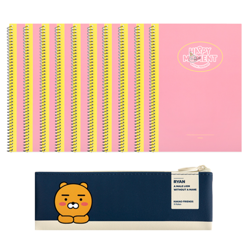 카카오프렌즈 미니 플랫 펜슬케이스 + 해피모먼트 A5 스프링 노트 10p, 라이언(펜슬케이스), 어피치(스프링노트), 1세트
