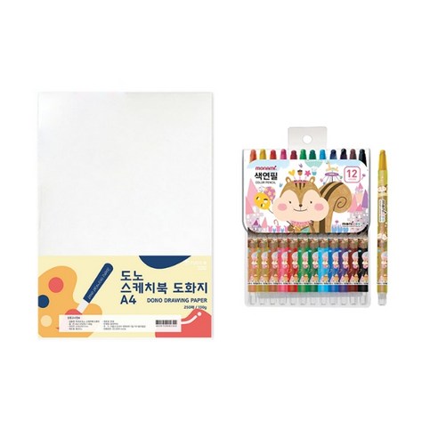 도노 스케치북 도화지 A4 130g 250매 + 모나미 모니주 샤프식 색연필 12색 문구세트, 단일색상(도화지), 여(색연필), 1세트