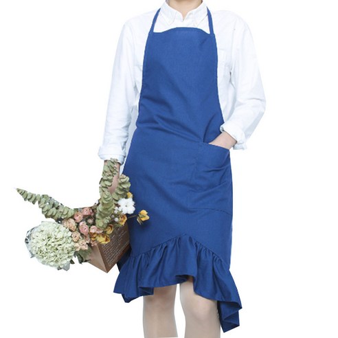 아그노 린넨 원피스형 밑단 레이스 앞치마, 블루, 1개