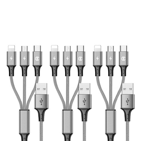 디씨네트워크 다이버스 3in1 8핀 5핀 C타입 멀티 고속 충전 케이블 3p, 실버, 60cm