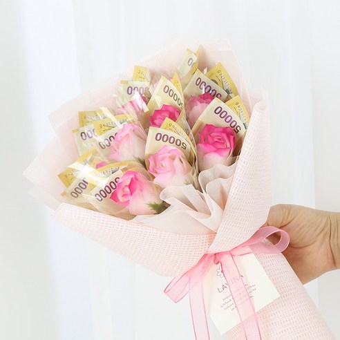 라비나 비누장미 10p 돈꽃다발 + 쇼핑백 세트, 와플핑크(꽃다발)