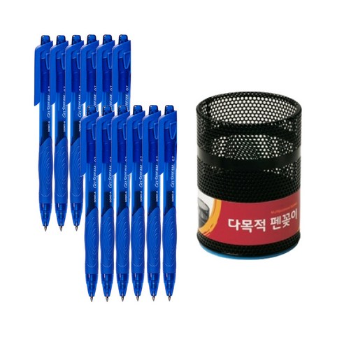 동아 겔스트림 볼펜 0.7mm 12p + 이글 메탈 펜꽂이 소, 파랑(볼펜), 블랙(펜꽂이), 1세트