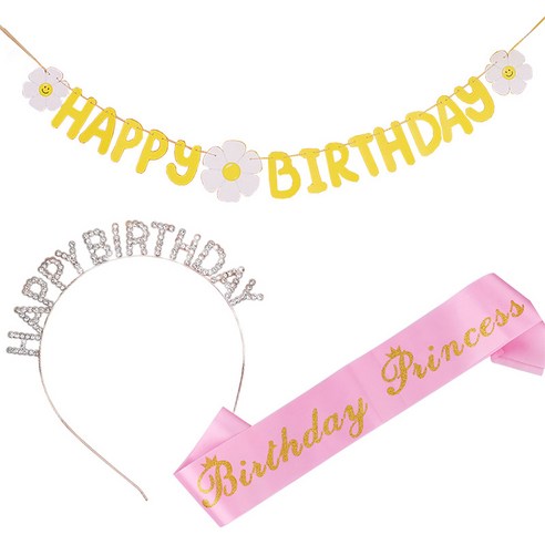 조이파티 데이지 생일 가랜드 + 메탈릭 생일 머리띠 + 생일 어깨띠 Birthday Princess 세트, 옐로우(가랜드), 로즈골드(머리띠), 핑크(어깨띠), 1세트