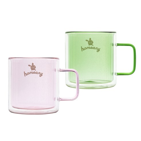 홈애니 컬러 이중 내열 유리컵 380ml, 핑크, 그린, 2개