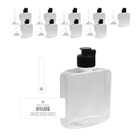 와이드납작 꿀병 페트 250ml + 볼록블랙캡 + 심플아카시아꿀S 스티커 10p 세트, 1세트