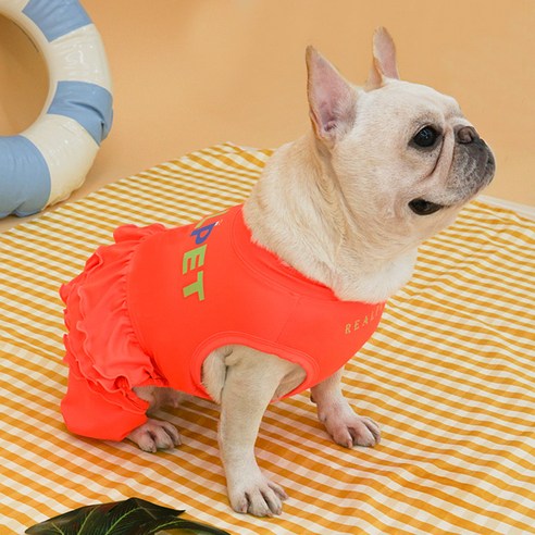 RealPet 강아지 올인원 래쉬가드 수영복, 프릴(오렌지), 1개