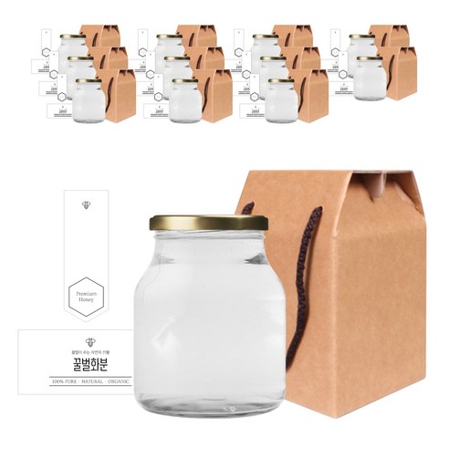 원형식품 꿀병 1000g + 골드캡 + 심플꿀벌화분S 스티커 + 봉인스티커 세트, 12세트, 780ml