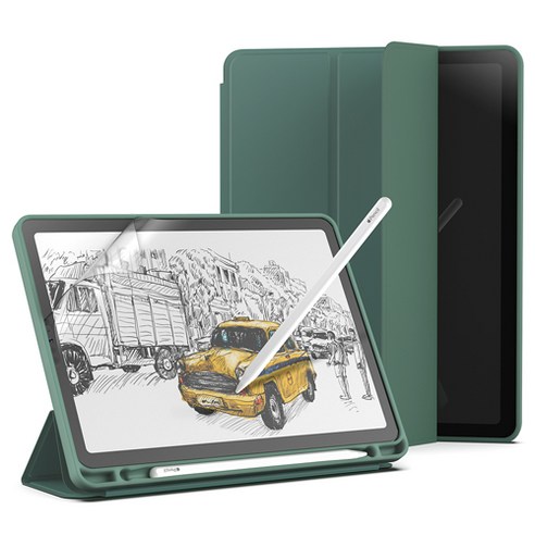 신지모루 스마트커버 애플펜슬 수납 태블릿PC 케이스 + 종이질감 액정보호 필름 세트, 딥그린