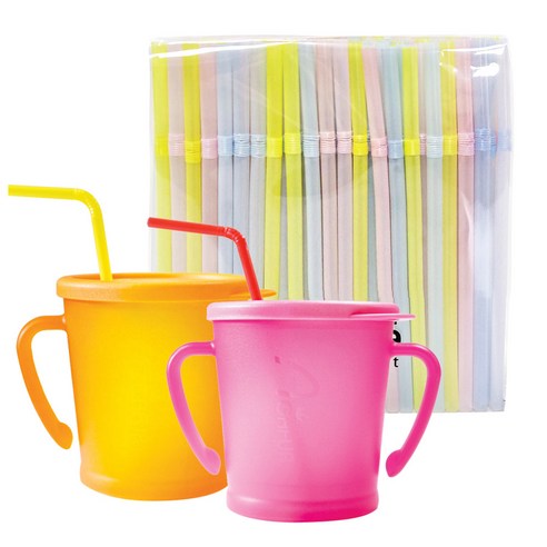아가프라 매직빨대컵 2p + 빨대 200p, 300ml, 1세트, 오렌지 + 핫핑크