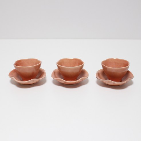 달소금 국산 예쁜 도자기 다기 유광 꽃잎 찻잔세트, 코랄, 3세트