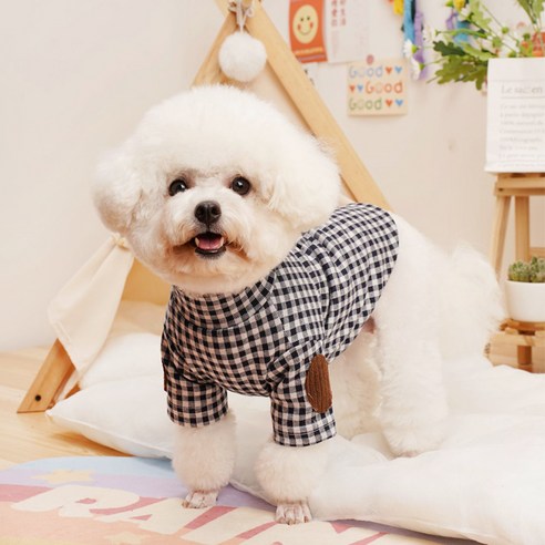 파스텔펫 반려동물 체크 패치 티셔츠, 블랙