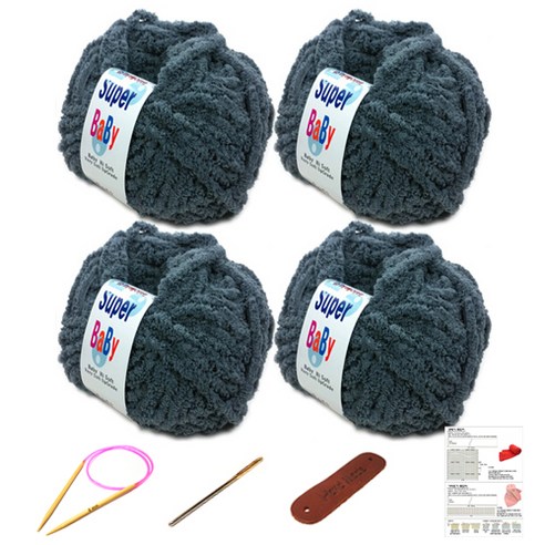 행복뜨기 슈퍼베이비 뜨개실 4p + 바늘 6mm + 돗바늘 + 가죽 라벨 + 목도리 도안 세트, 1세트, 진회색