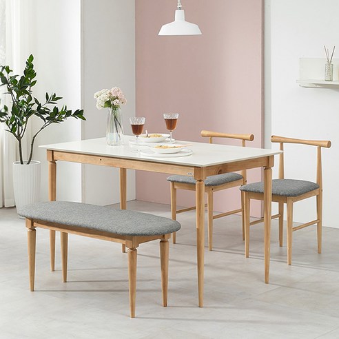 헤즈로 에덴 직사각형 카페 원목식탁세트 1200 테이블 + 벤치 + 의자 2p 방문설치, 내츄럴