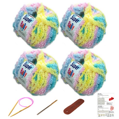 행복뜨기 슈퍼베이비 뜨개실 4p + 바늘 6mm + 돗바늘 + 가죽 라벨 + 목도리 도안 세트, 1세트, 민트노랑