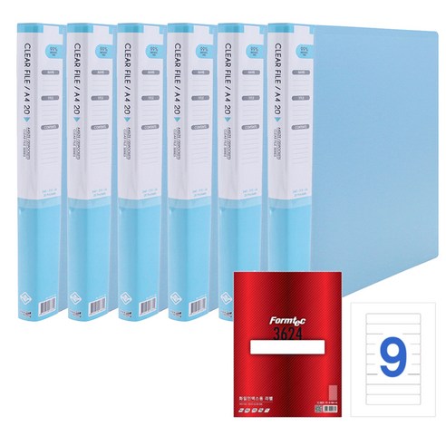 희망사무포인트 보급형 클리어화일 A4 Hf137 20매 6p + 폼텍 3624 화일 인덱스용 라벨 20p, 하늘, 1세트