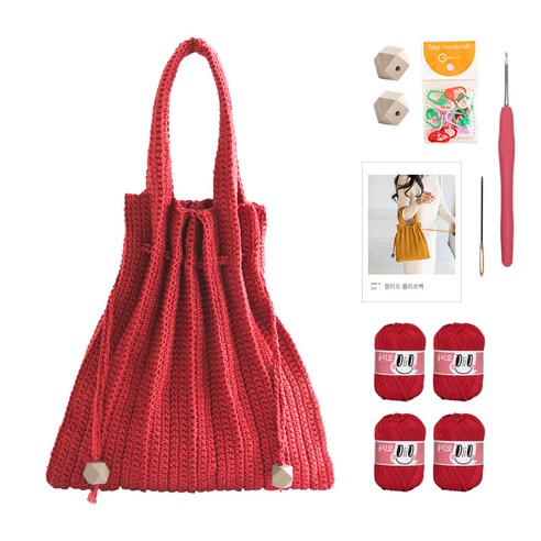 yarna 올리오 단색 플리츠백 DIY 패키지 S, 730 리얼레드(뜨개실), 베이지(우드볼), 랜덤발송(단수링), 1세트