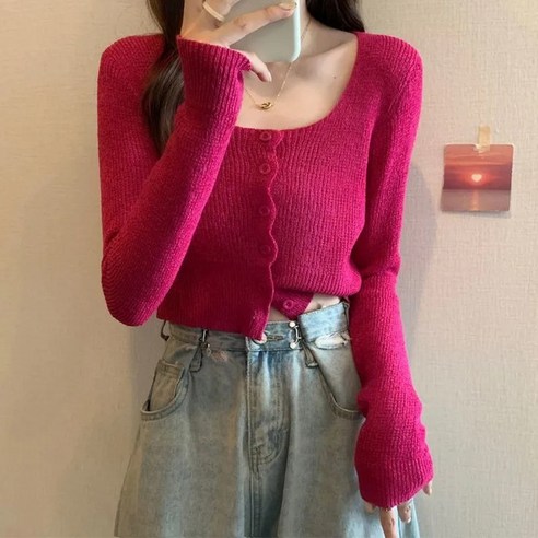 구디프 여성용 U넥 플로우 버튼 니트 가디건