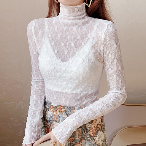 루나걸 여성용 터틀넥 레이스 블라우스 L24FBL081202