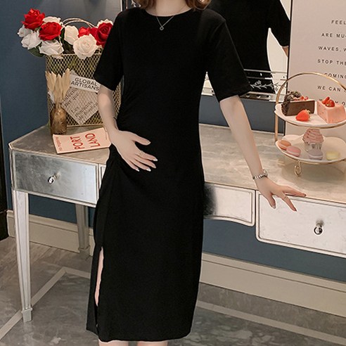 투데이 주름 절개 임산부 반소매 원피스