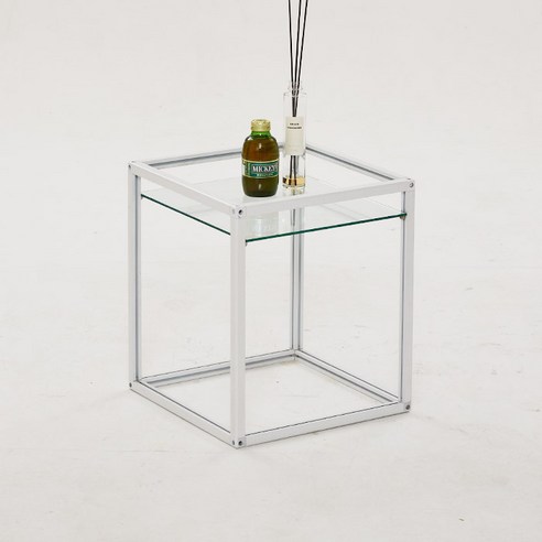 데리A 투명 유리 큐브 협탁 400, A형 화이트